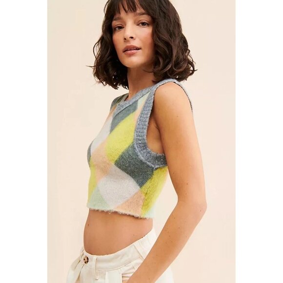 Free People Multicolor Argyle Print Quinn Sweater Vest Size Small 2899 - Picture 3 of 13